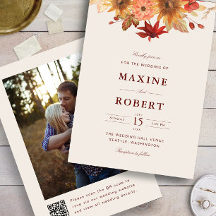 Elegant Fall Leaves Autumn QR Code Photo Wedding Invitation