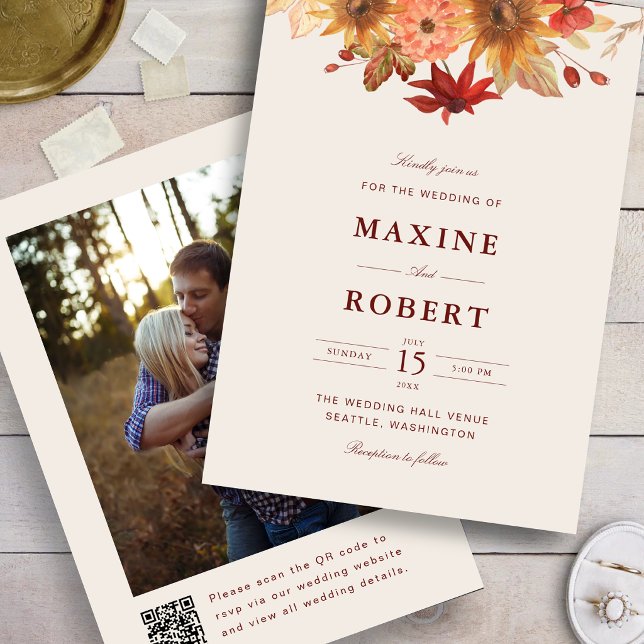 Elegant Fall Leaves Autumn QR Code Photo Wedding Invitation (Elegant fall leaves photo wedding invitation adds autumn charm with your custom QR code.)