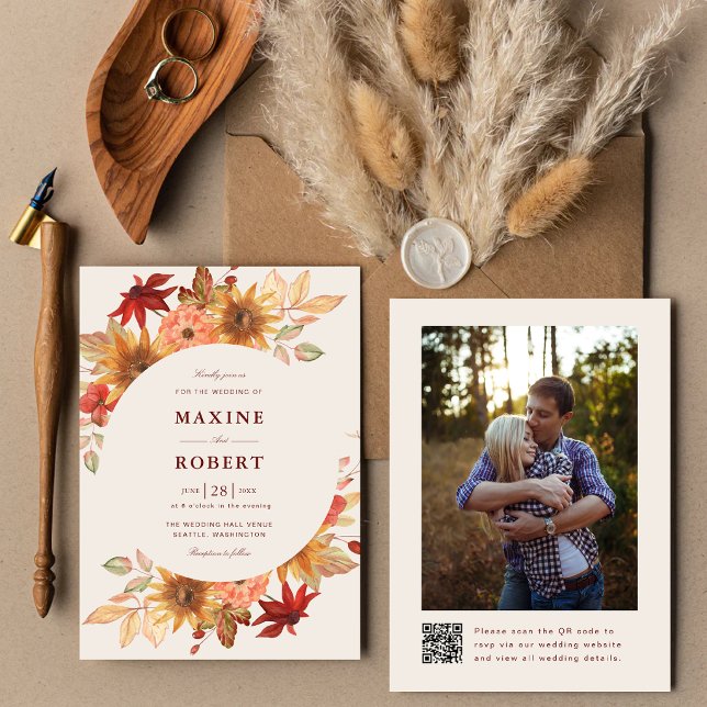 Elegant Fall Leaves Autumn QR Code Photo Wedding Invitation (Fall leaves photo wedding invitation adds autumn charm with your personalized QR code.)