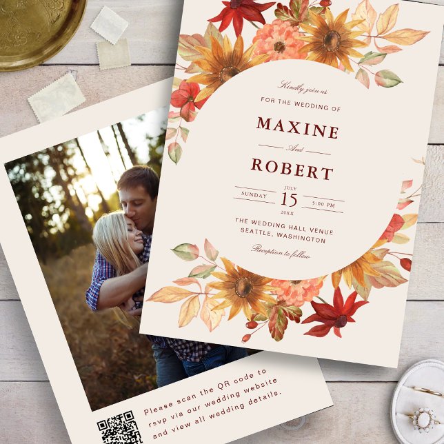 Elegant Fall Leaves Autumn QR Code Photo Wedding Invitation (Fall leaves photo wedding invitation adds autumn warmth with a personalized QR code.)