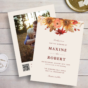 Elegant Fall Leaves Autumn QR Code Photo Wedding Invitation