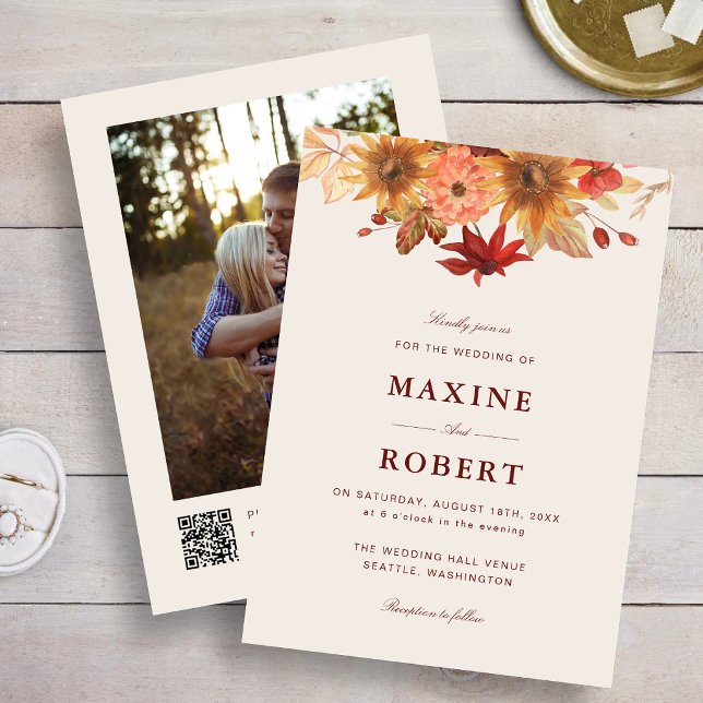 Elegant Fall Leaves Autumn QR Code Photo Wedding Invitation (Autumn photo wedding invitation adds elegant fall charm with your personalized QR code.)