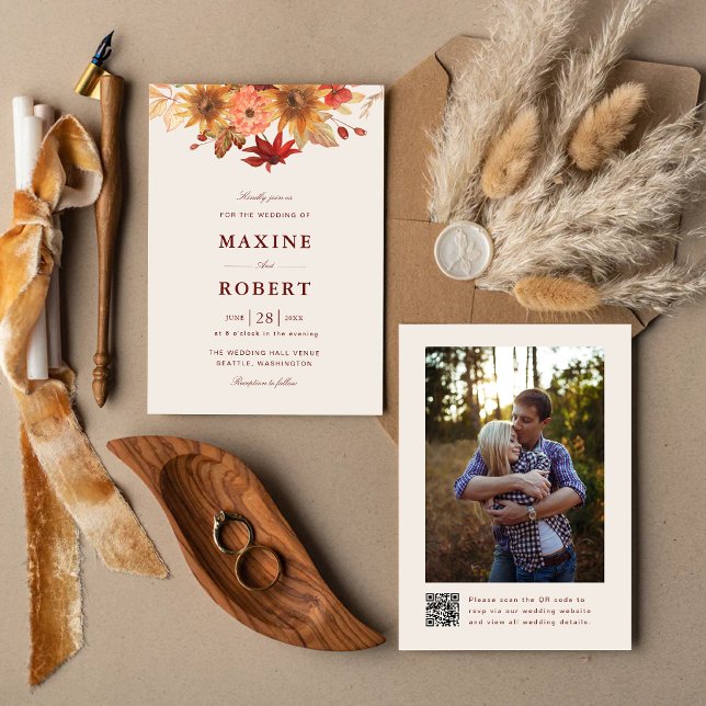 Elegant Fall Leaves Autumn QR Code Photo Wedding Invitation (Autumn photo wedding invitation adds elegant fall warmth with your custom QR code.)