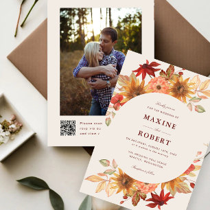 Elegant Fall Leaves Autumn QR Code Photo Wedding Invitation