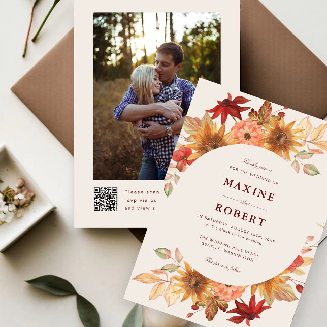 Elegant Fall Leaves Autumn QR Code Photo Wedding Invitation (Fall leaves photo wedding invitation adds elegant autumn warmth with a custom QR code.)