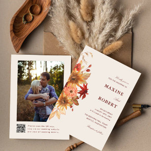 Elegant Fall Leaves Autumn QR Code Photo Wedding Invitation