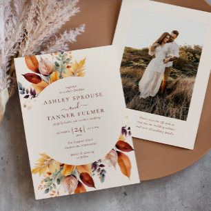 Elegant Fall Leaves Autumn QR Code Photo Wedding Invitation