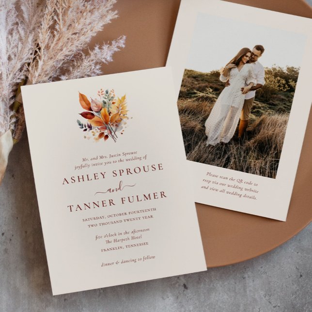 Elegant Fall Leaves Autumn QR Code Photo Wedding Invitation (Creator Uploaded)