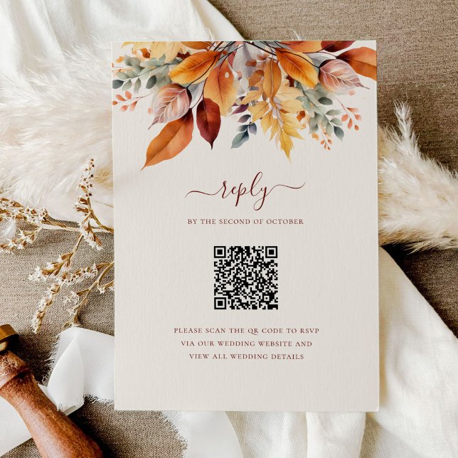 Elegant Fall Leaves Autumn QR Code Wedding RSVP Card (Creator Uploaded)