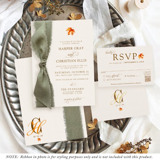 Elegant Fall Leaves Autumn Rustic Ribbon Wedding Invitation (Elegant ivory rust orange brown watercolor fall maple leaf simple modern Autumn wedding invitation)