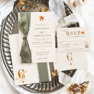 Elegant Fall Leaves Autumn Rustic Ribbon Wedding Invitation