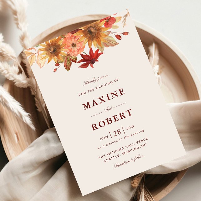 Elegant Fall Leaves Autumn Wedding Invitation (Fall leaves wedding invitation brings elegant autumn warmth to your personalized celebration.)