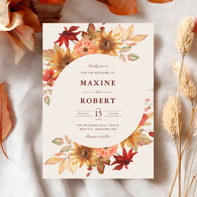 Elegant Fall Leaves Autumn Wedding Invitation (Elegant fall leaves wedding invitation adds cozy autumn romance to your special day.)