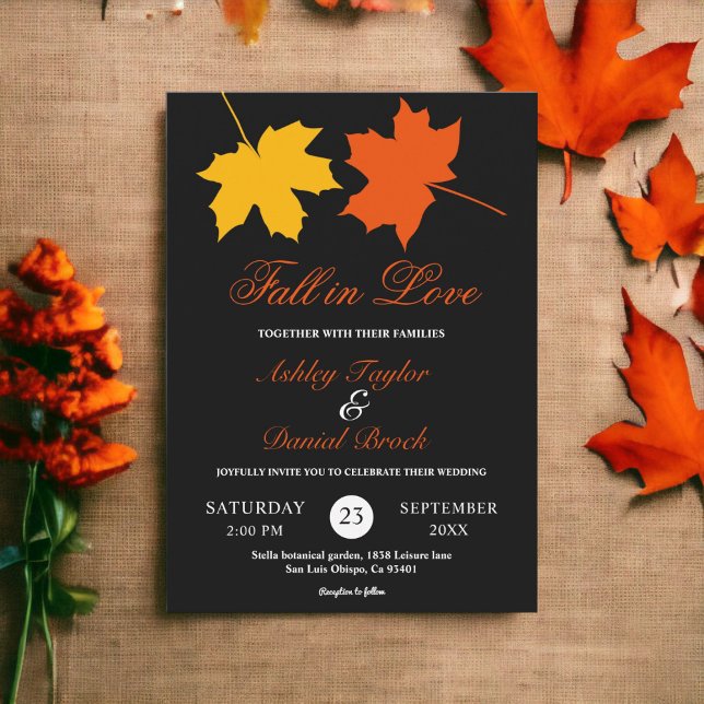 Elegant Fall Leaves Black And White Floral Wedding Invitation (Creator Uploaded)