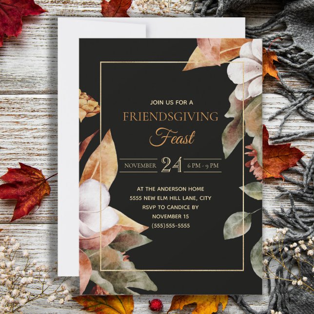 Elegant Fall Leaves Black Friendsgiving Feast  Invitation (Elegant black Friendsgiving Feast invitation)