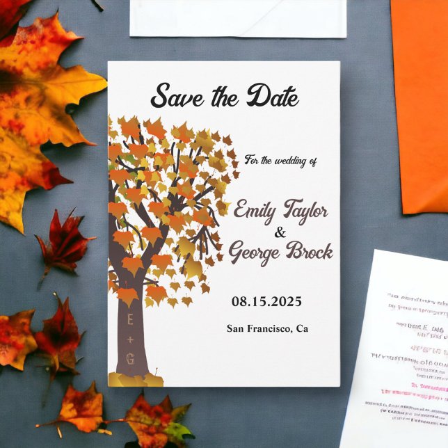 Elegant Fall Leaves Carved Tree Romantic Wedding Save The Date (Creator Uploaded)
