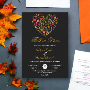 Elegant Fall Leaves Heart Black Floral Wedding Invitation