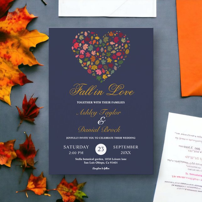 Elegant Fall Leaves Heart Navy Blue Floral Wedding Invitation (Creator Uploaded)