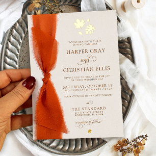 Elegant Fall Leaves Modern Ribbon Wedding Gold