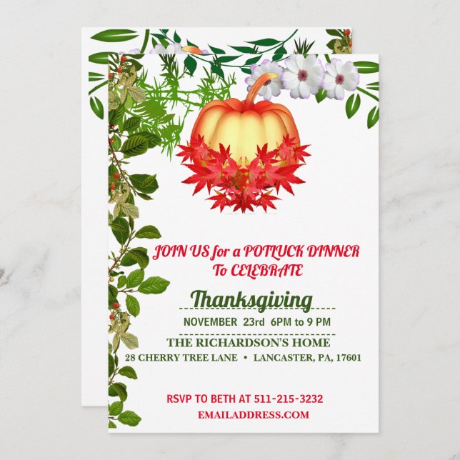 Elegant Fall Leaves Pumpkin Thanksgiving Dinner Invitation (Front/Back)