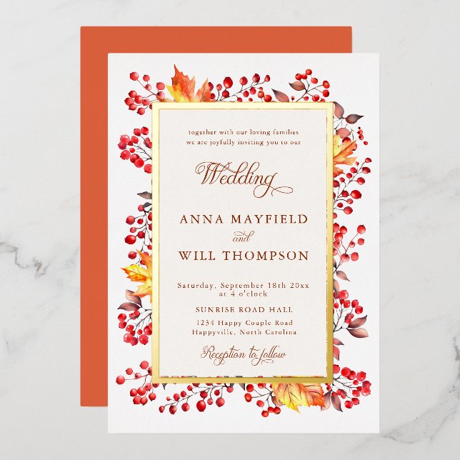 Elegant Fall Leaves Red Berries Frame Wedding (Front/Back)