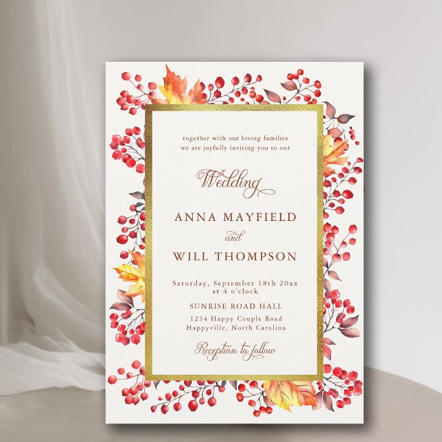 Elegant Fall Leaves Red Berries Gold Frame Wedding Invitation (fall leaves botanical red berries gold frame modern romantic elegant rustic boho wedding invitation)