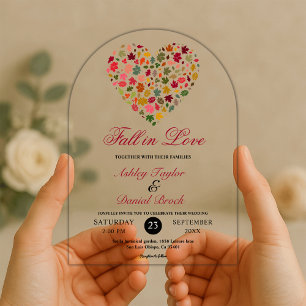 Elegant Fall Leaves Romantic Heart Floral Wedding Acrylic Invitations