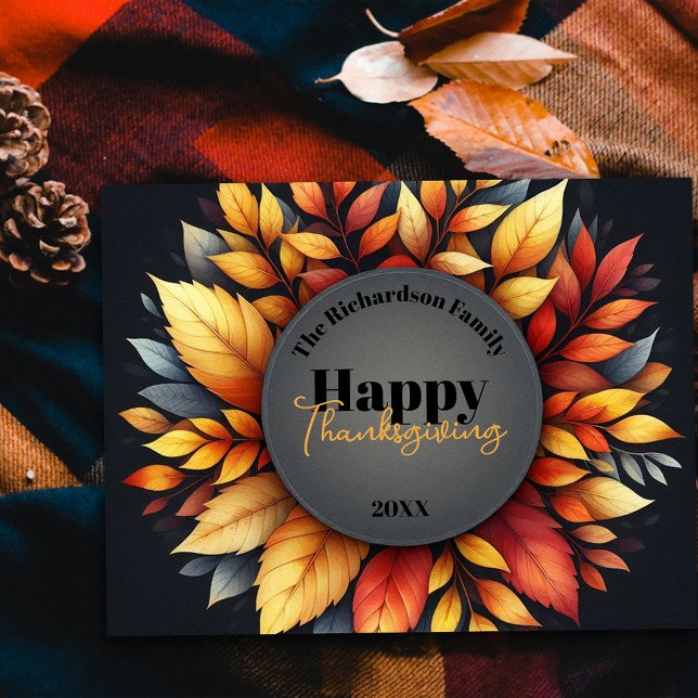 Elegant Fall Leaves Thanksgiving Family Name Year Postcard (Creator Uploaded)