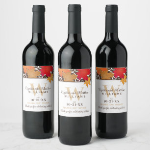 Elegant Fall Leaves Wedding Monogram Wine Label