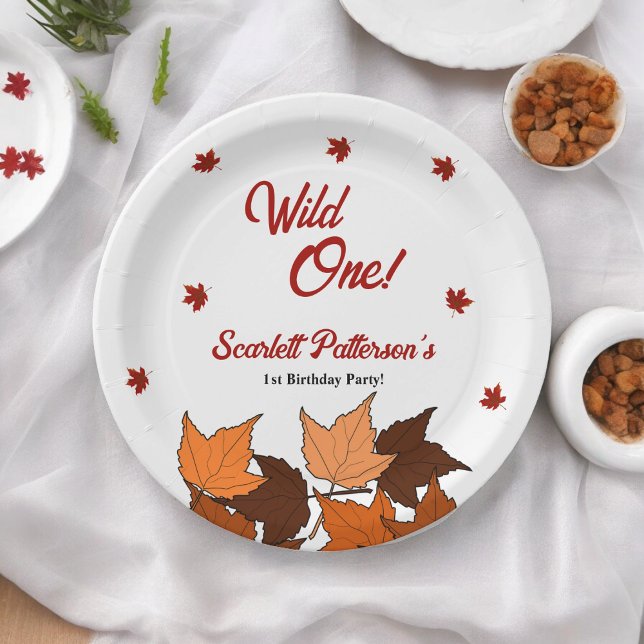 Elegant Fall Leaves Wild One Autumn 1st Birthday Paper Plate (Creator Uploaded)