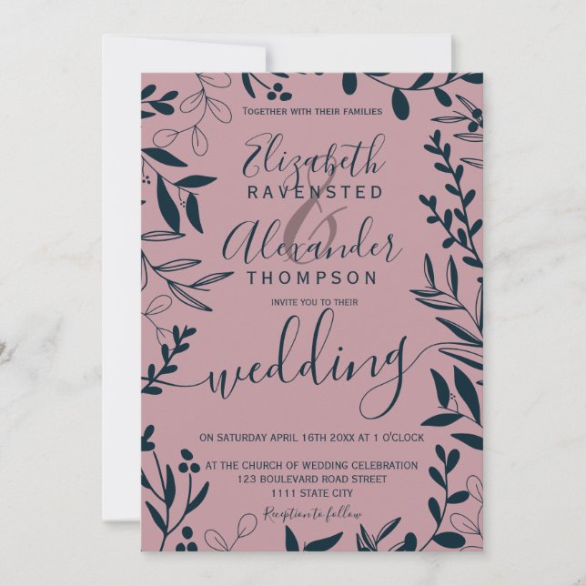 Elegant fall navy blue mauve floral wedding invitation (Front)