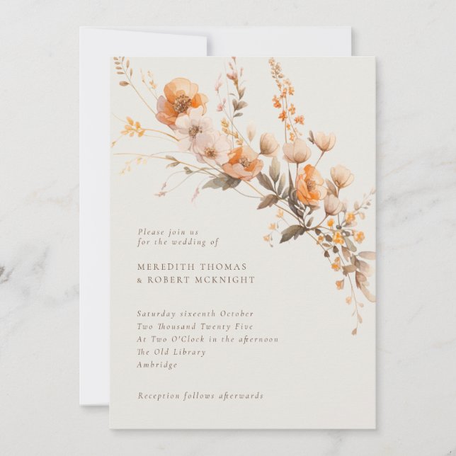 Elegant Fall Orange & Brown Floral Wedding Invitation (Front)