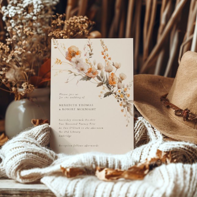 Elegant Fall Orange & Brown Wildflowers Wedding Invitation (Creator Uploaded)