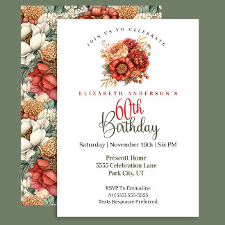 Elegant Fall Peony and Mum 60th Birthday Invitation