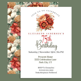 Elegant Fall Peony and Mum 75th Birthday Invitation