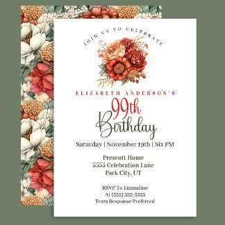 Elegant Fall Peony and Mum 99th Birthday Invitation