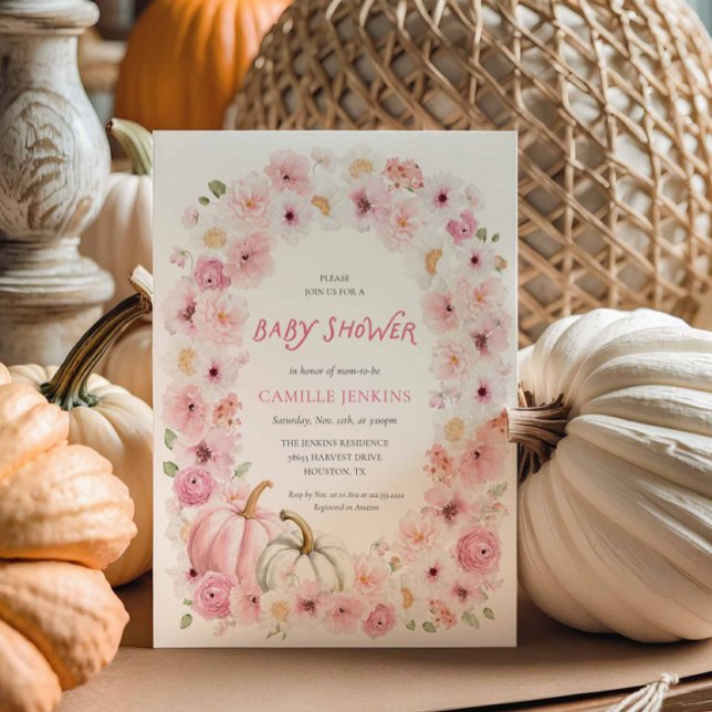 Elegant Fall Pink Pumpkin Floral Girl Baby Shower Invitation (Pink Pumpkin Floral Fall Girl Baby Shower Invite)