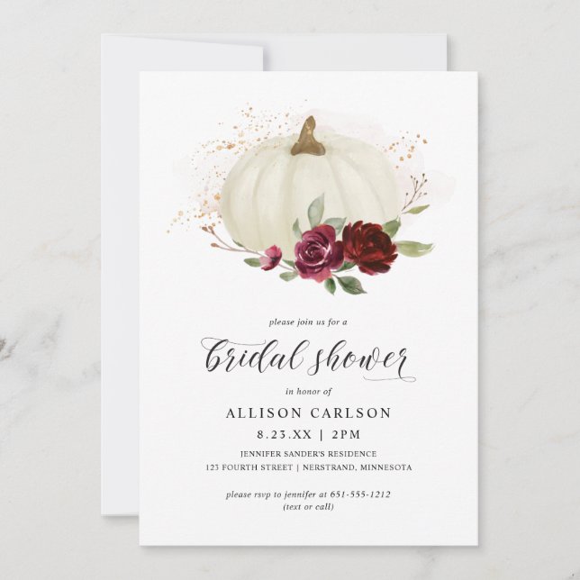Elegant Fall Pumpkin Burgundy Roses Bridal Shower Invitation (Front)