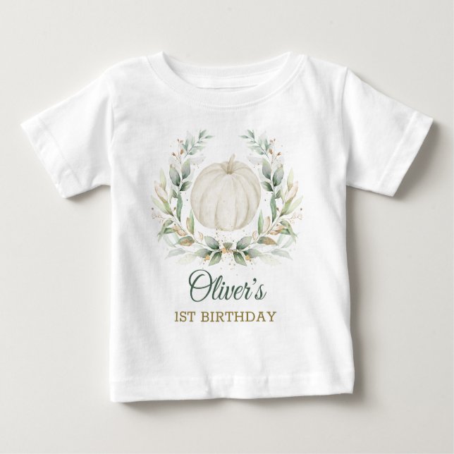 Elegant Fall Pumpkin Greenery Gold Birthday Boy Baby T-Shirt (Front)