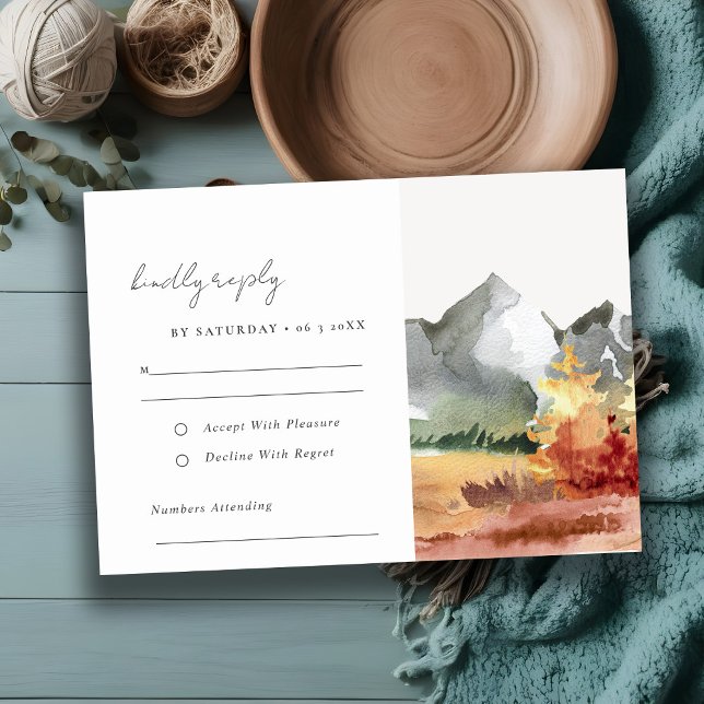 Elegant Fall Rust Orange Mountain Trees Wedding RSVP Card (Creator Uploaded)