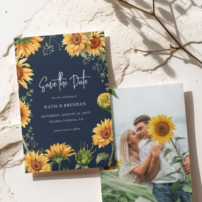 Elegant Fall Sunflower Floral & Navy Wedding Save The Date (Creator Uploaded)