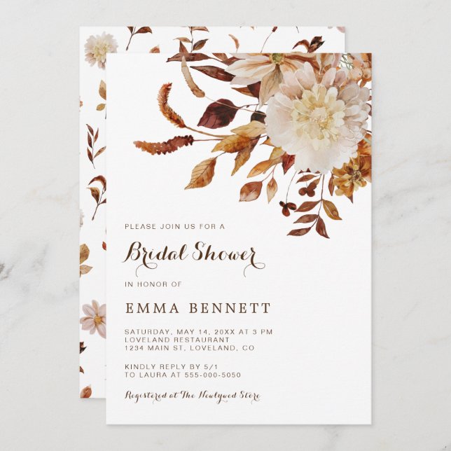 Elegant Fall Watercolor Botanical Bridal Shower Invitation (Front/Back)