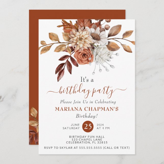 Elegant Fall Watercolor Floral Birthday Party Invitation (Front/Back)