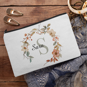 Elegant Fall Watercolor Floral White Monogram Accessory Pouch
