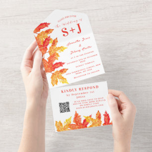 Elegant Fall Watercolor Orange Leaves Wedding RSVP All In One Invitation