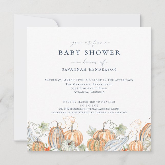 Elegant Fall Watercolor Pumpkin Baby Shower Invitation (Front)