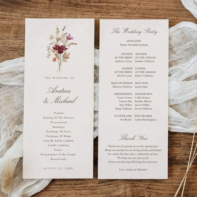 Elegant Fall Watercolor Wildflower Wedding Programme (Elegant fall wedding program with burgundy watercolor wildflowers and botanical florals)