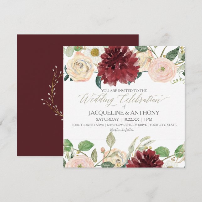 Elegant Fall Wedding Chrysanthemum Marsala Rose Invitation (Front/Back)