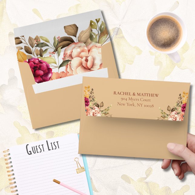 Elegant Fall Wedding Colours Floral & Earth Tones  Envelope (Elegant Terracota Fall Colors Watercolor Floral Wedding Invitation Envelope)