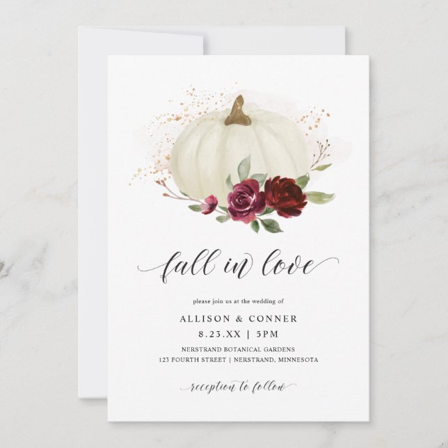 Elegant Fall Wedding Pumpkin Burgundy Roses Invitation (Front)